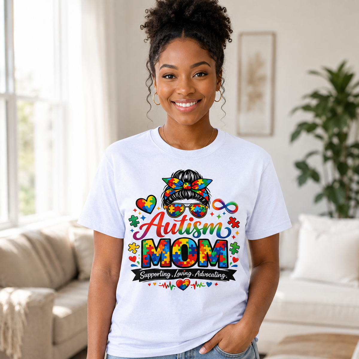 Supporting, Loving, Advocating Puzzle Heart Tee — Women Autism Shirt