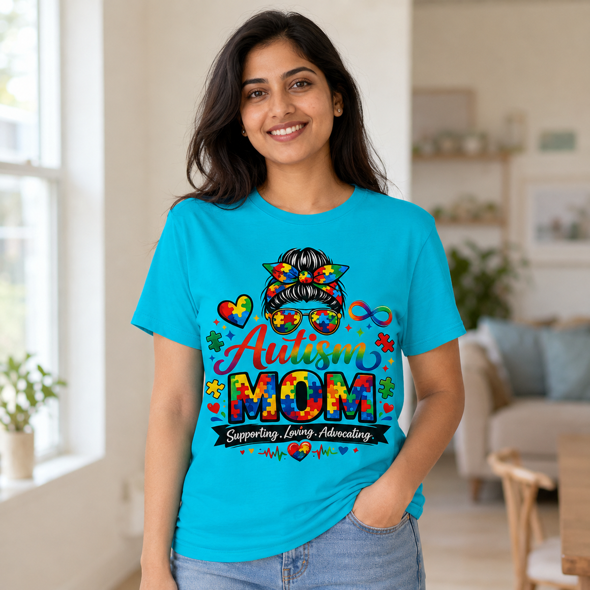 Supporting, Loving, Advocating Puzzle Heart Tee — Women Autism Shirt