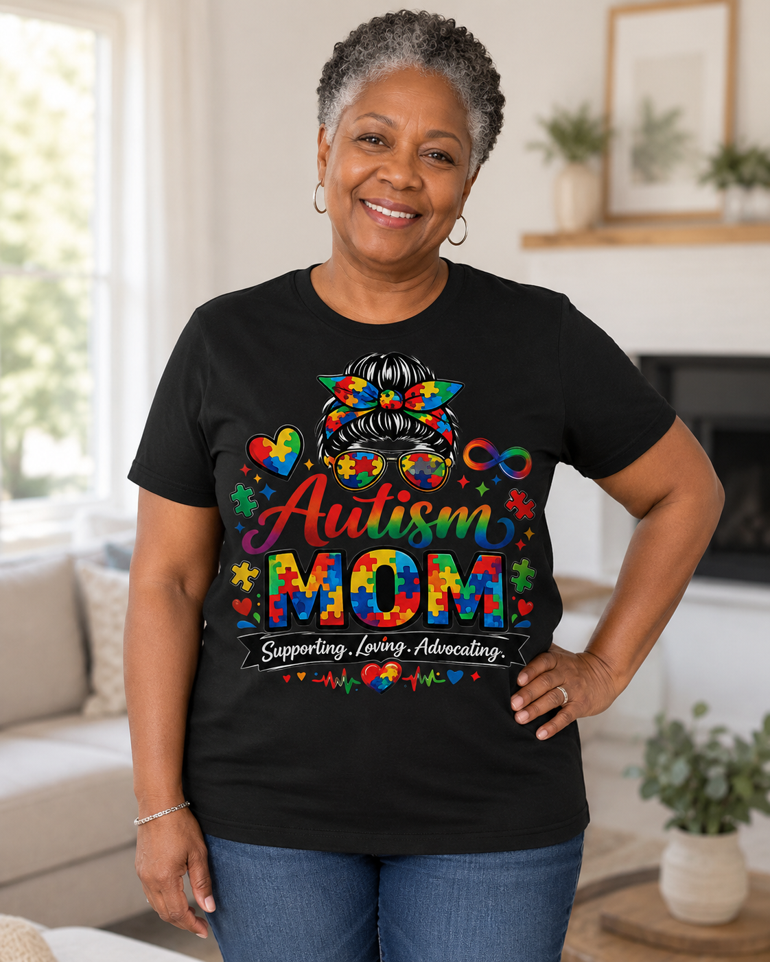 Supporting, Loving, Advocating Puzzle Heart Tee — Women Autism Shirt