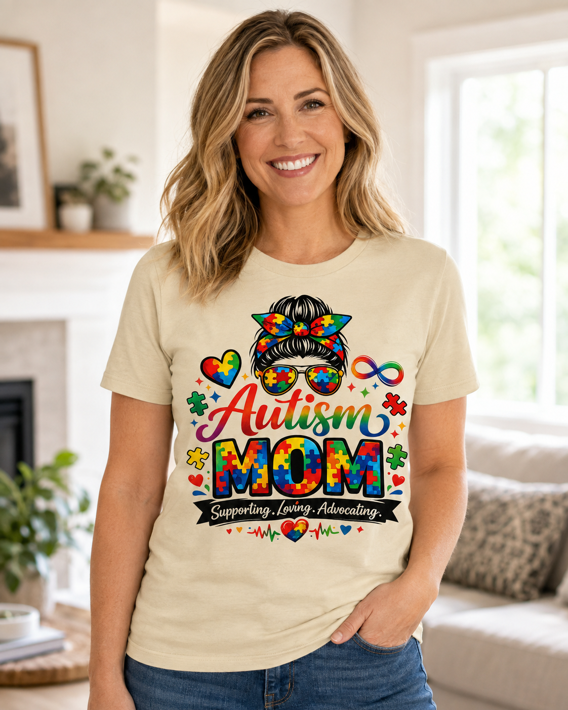 Supporting, Loving, Advocating Puzzle Heart Tee — Women Autism Shirt