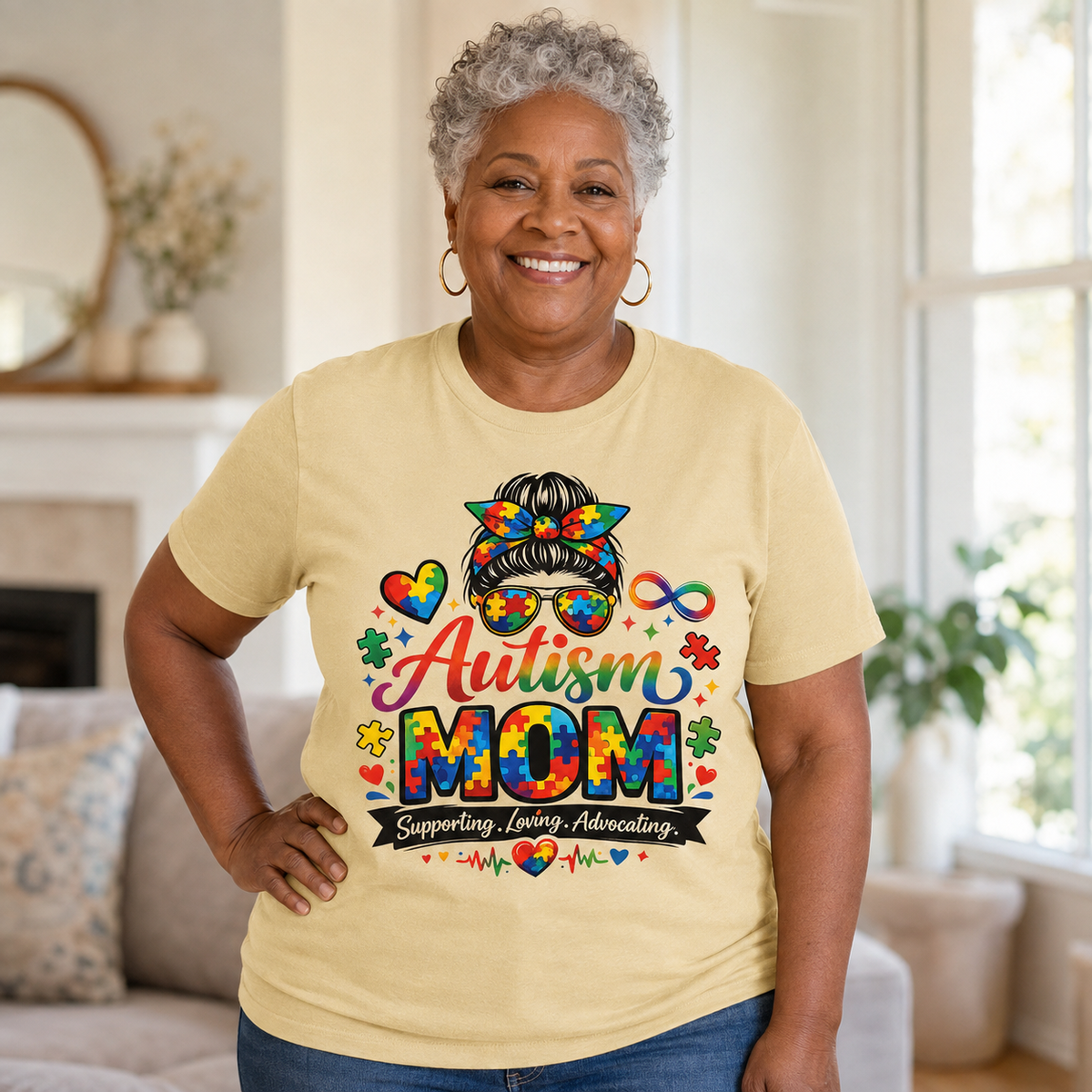 Supporting, Loving, Advocating Puzzle Heart Tee — Women Autism Shirt
