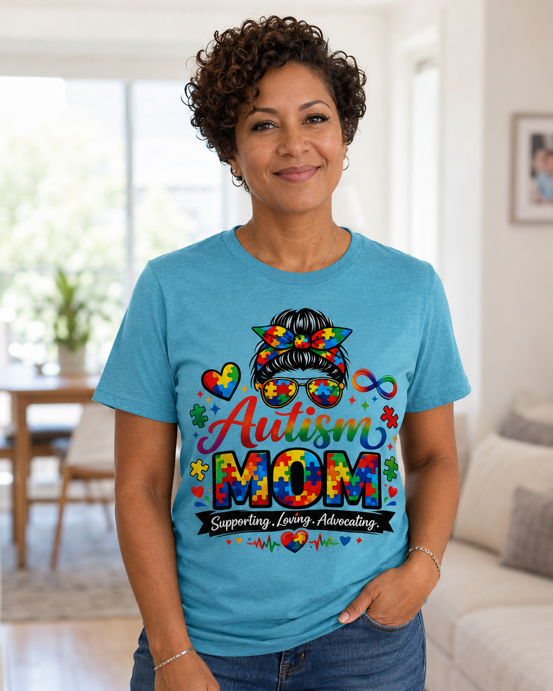 Supporting, Loving, Advocating Puzzle Heart Tee — Women Autism Shirt