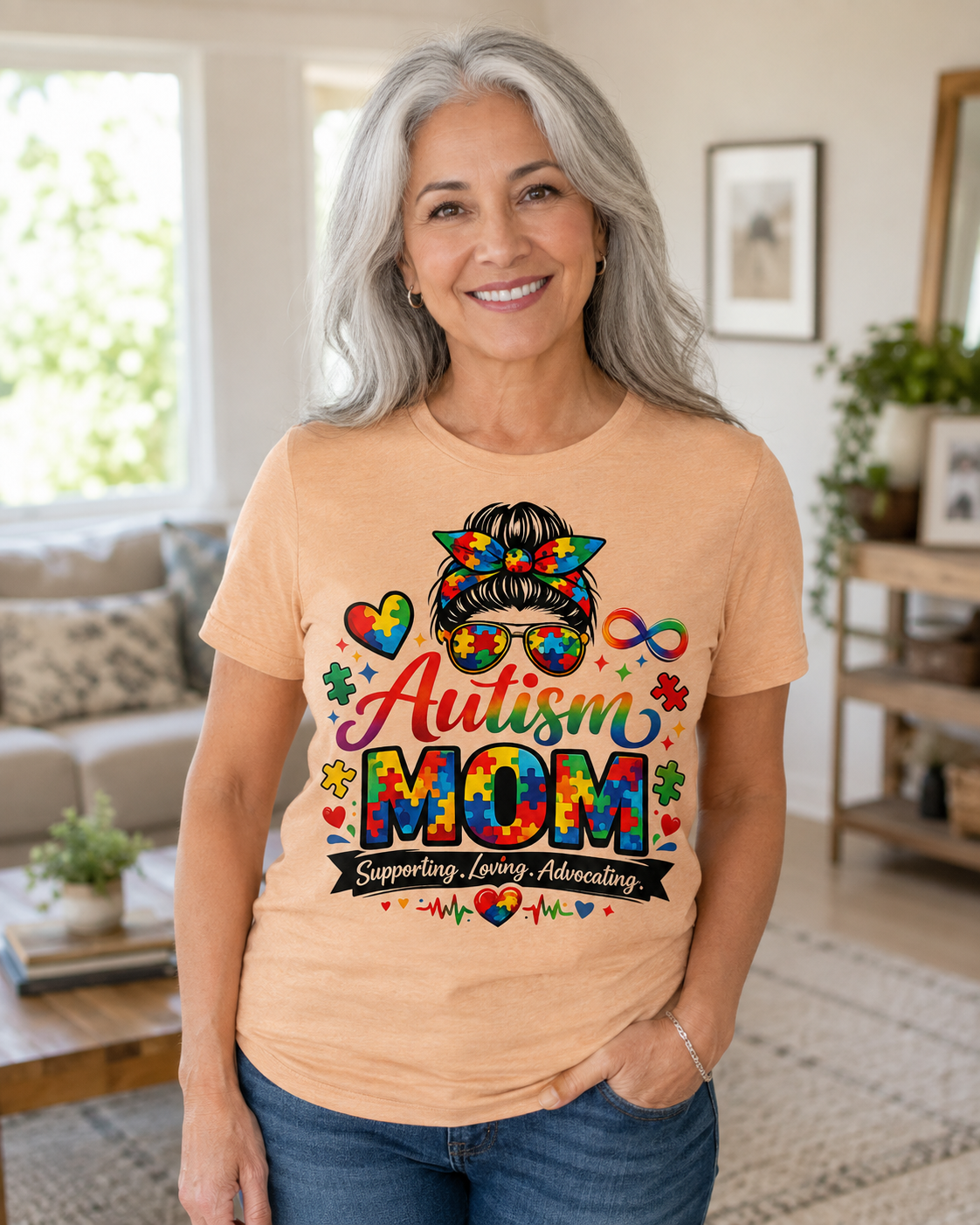Supporting, Loving, Advocating Puzzle Heart Tee — Women Autism Shirt