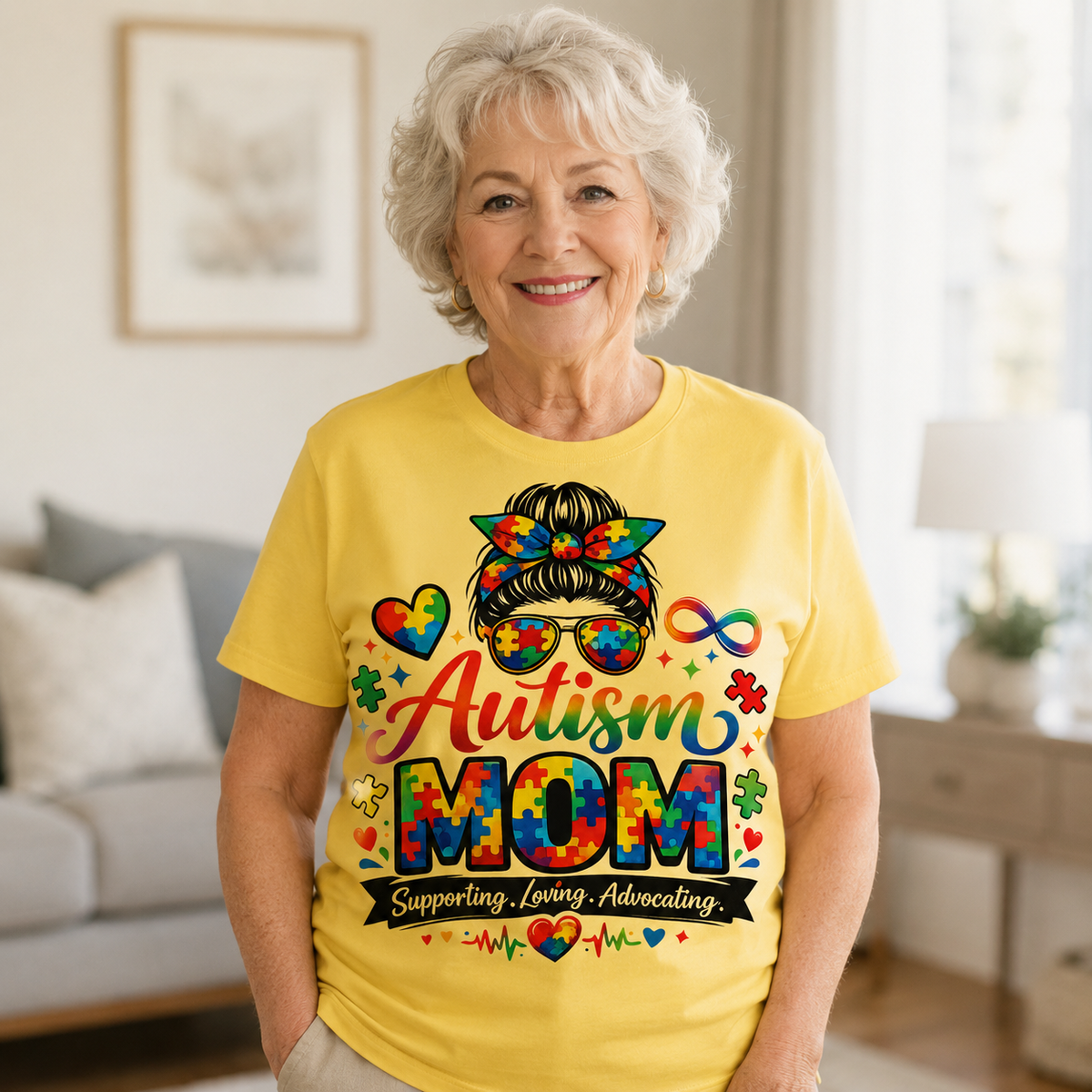 Supporting, Loving, Advocating Puzzle Heart Tee — Women Autism Shirt
