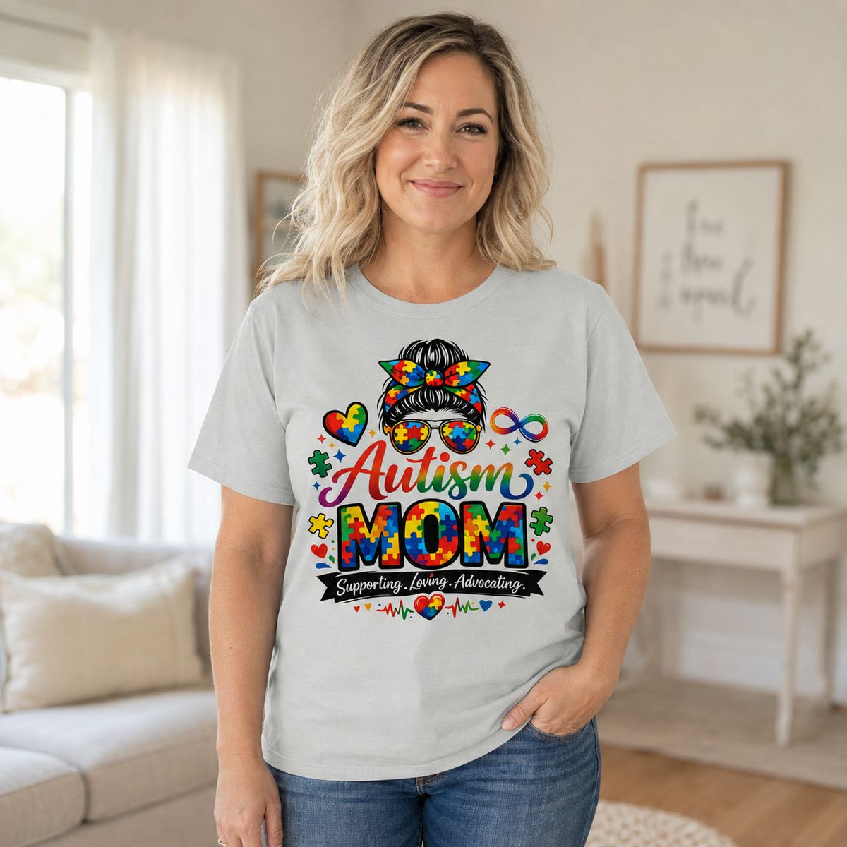 Supporting, Loving, Advocating Puzzle Heart Tee — Women Autism Shirt