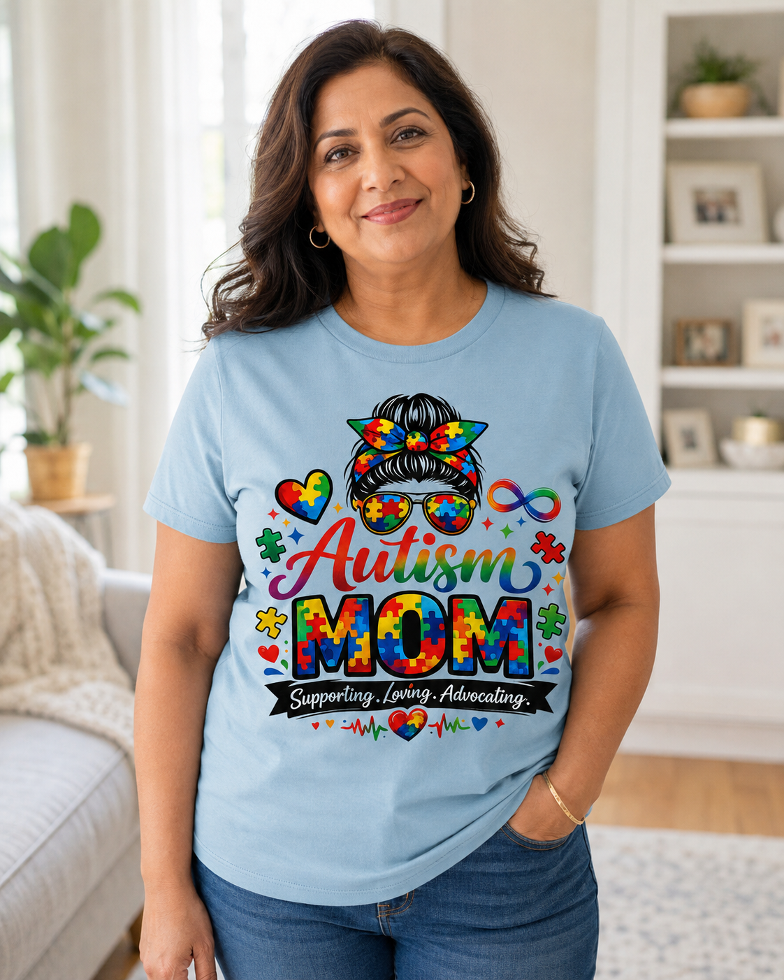 Supporting, Loving, Advocating Puzzle Heart Tee — Women Autism Shirt
