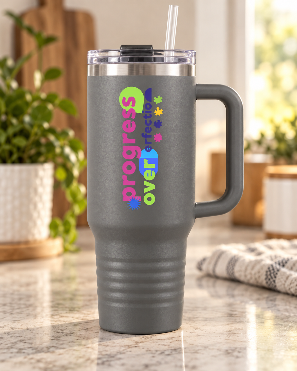 “Progress Over Perfection” — Autism Support 40oz Insulated Travel Mug