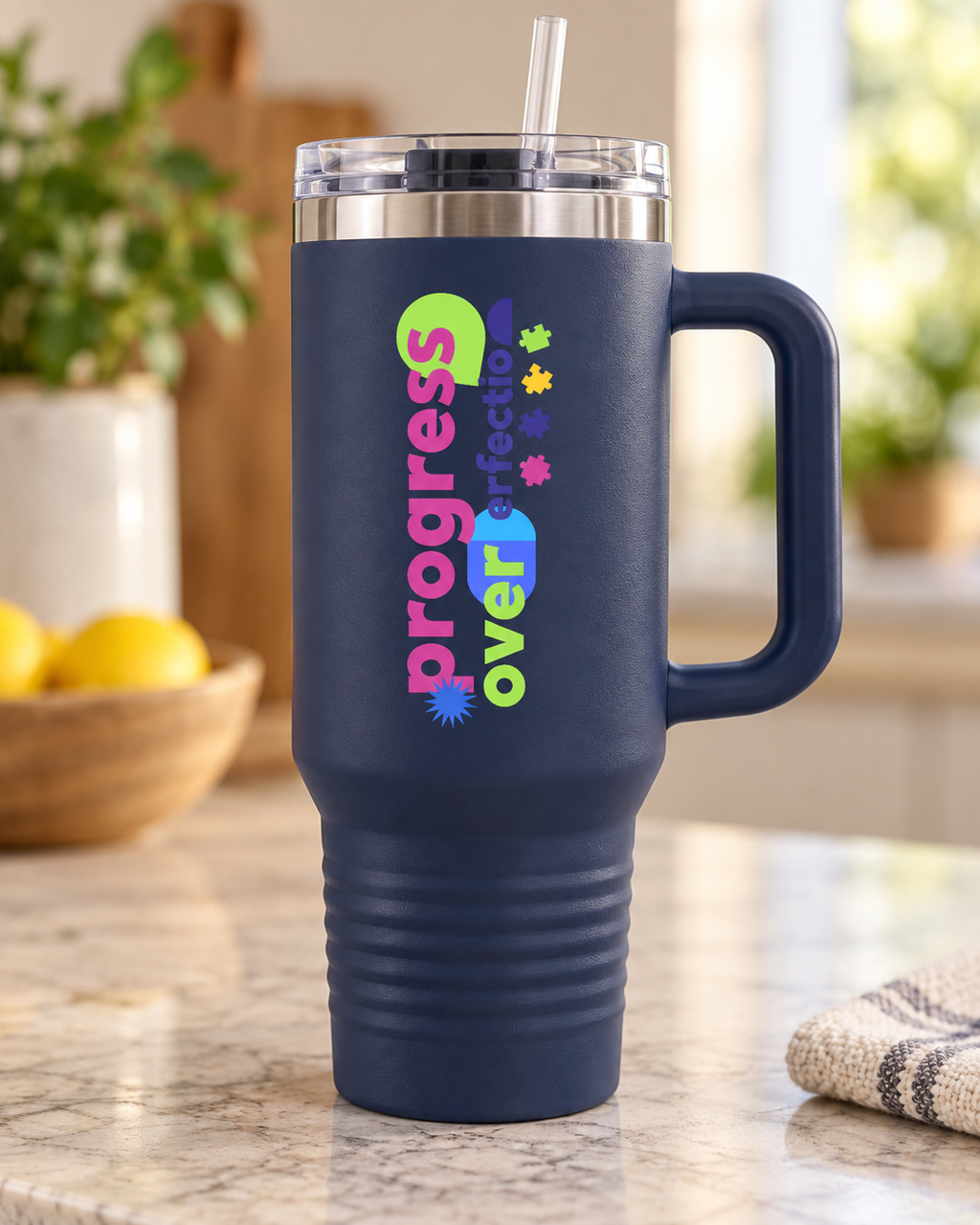 “Progress Over Perfection” — Autism Support 40oz Insulated Travel Mug
