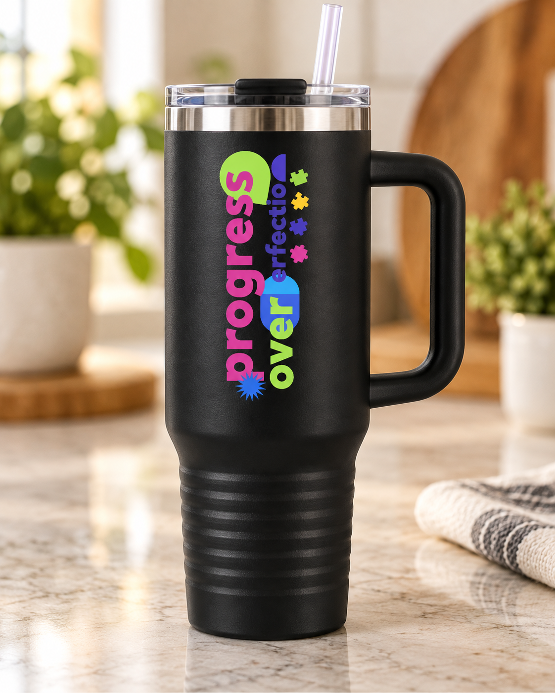 “Progress Over Perfection” — Autism Support 40oz Insulated Travel Mug