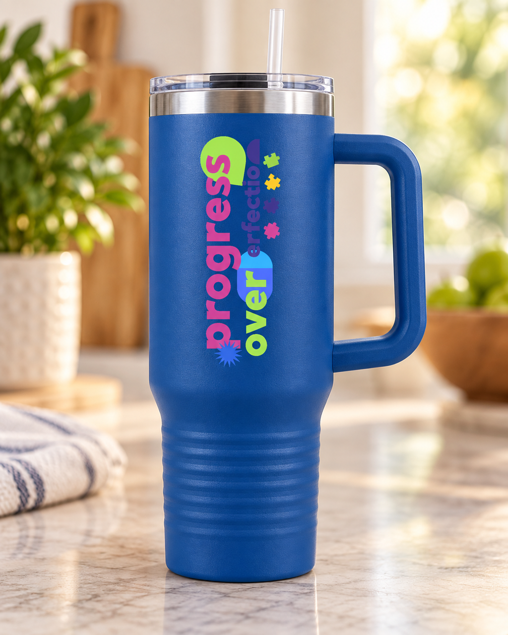 “Progress Over Perfection” — Autism Support 40oz Insulated Travel Mug