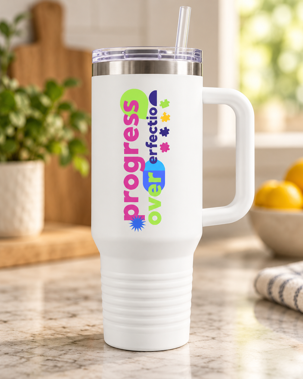 “Progress Over Perfection” — Autism Support 40oz Insulated Travel Mug