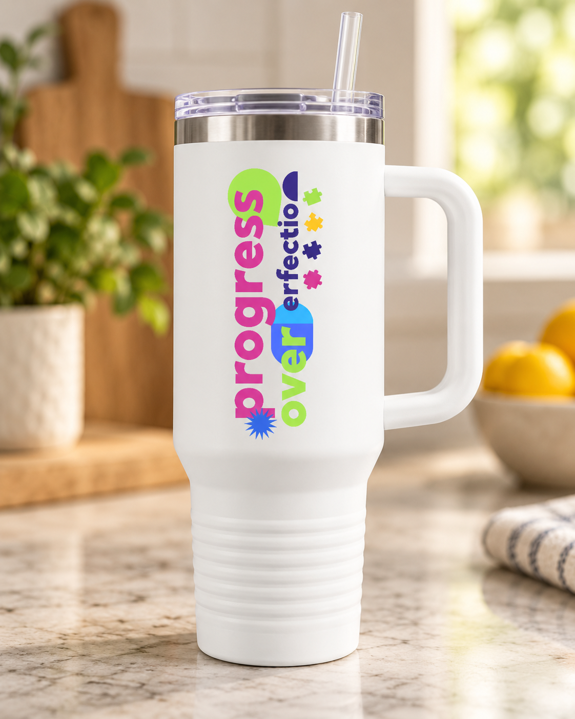 “Progress Over Perfection” — Autism Support 40oz Insulated Travel Mug