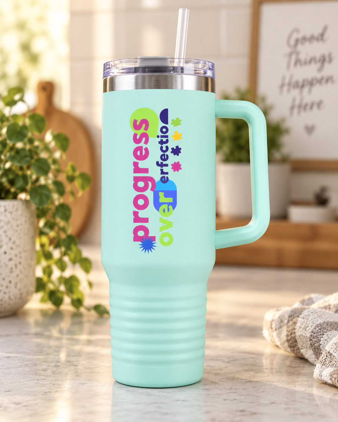 “Progress Over Perfection” — Autism Support 40oz Insulated Travel Mug
