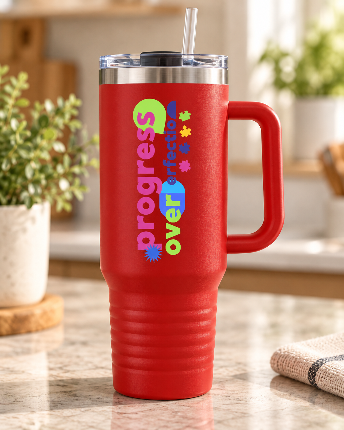 “Progress Over Perfection” — Autism Support 40oz Insulated Travel Mug