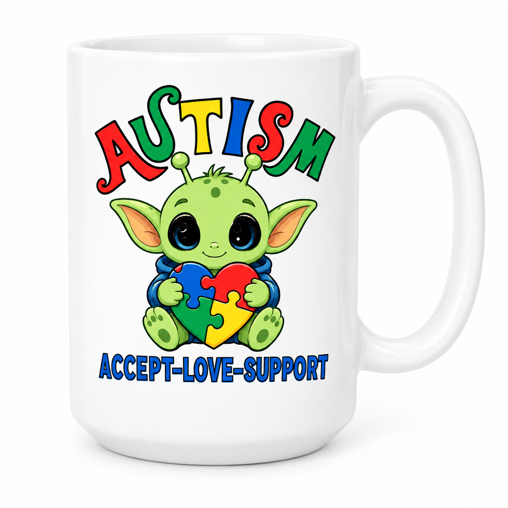 Autism Support 15oz Mug — Cute Alien Holding Puzzle Heart, "Accept • Love • Support"