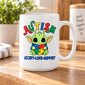 Autism Support 15oz Mug — Cute Alien Holding Puzzle Heart, "Accept • Love • Support"