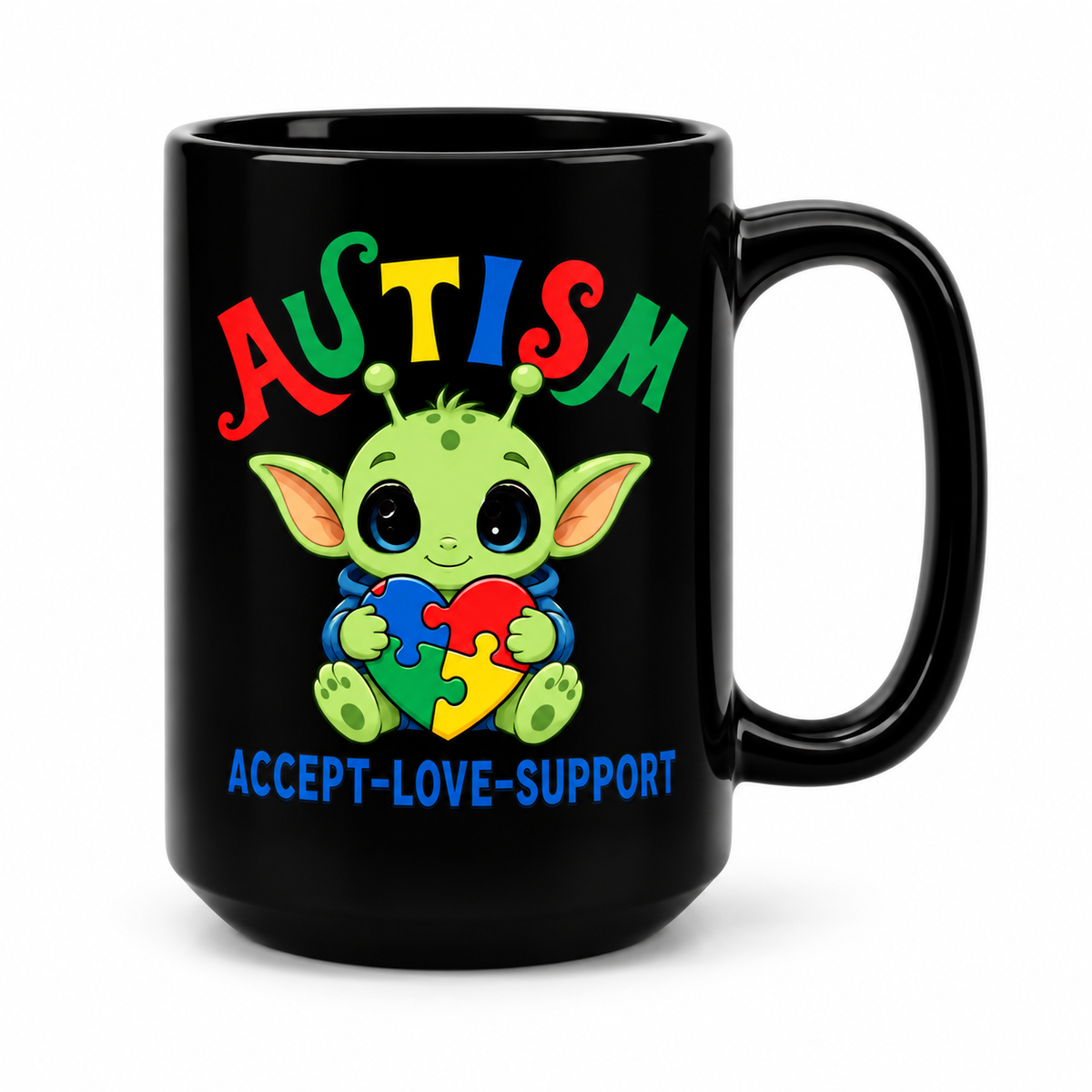 Autism Support Mug - "Accept • Love • Support" 15oz Black Coffee Cup