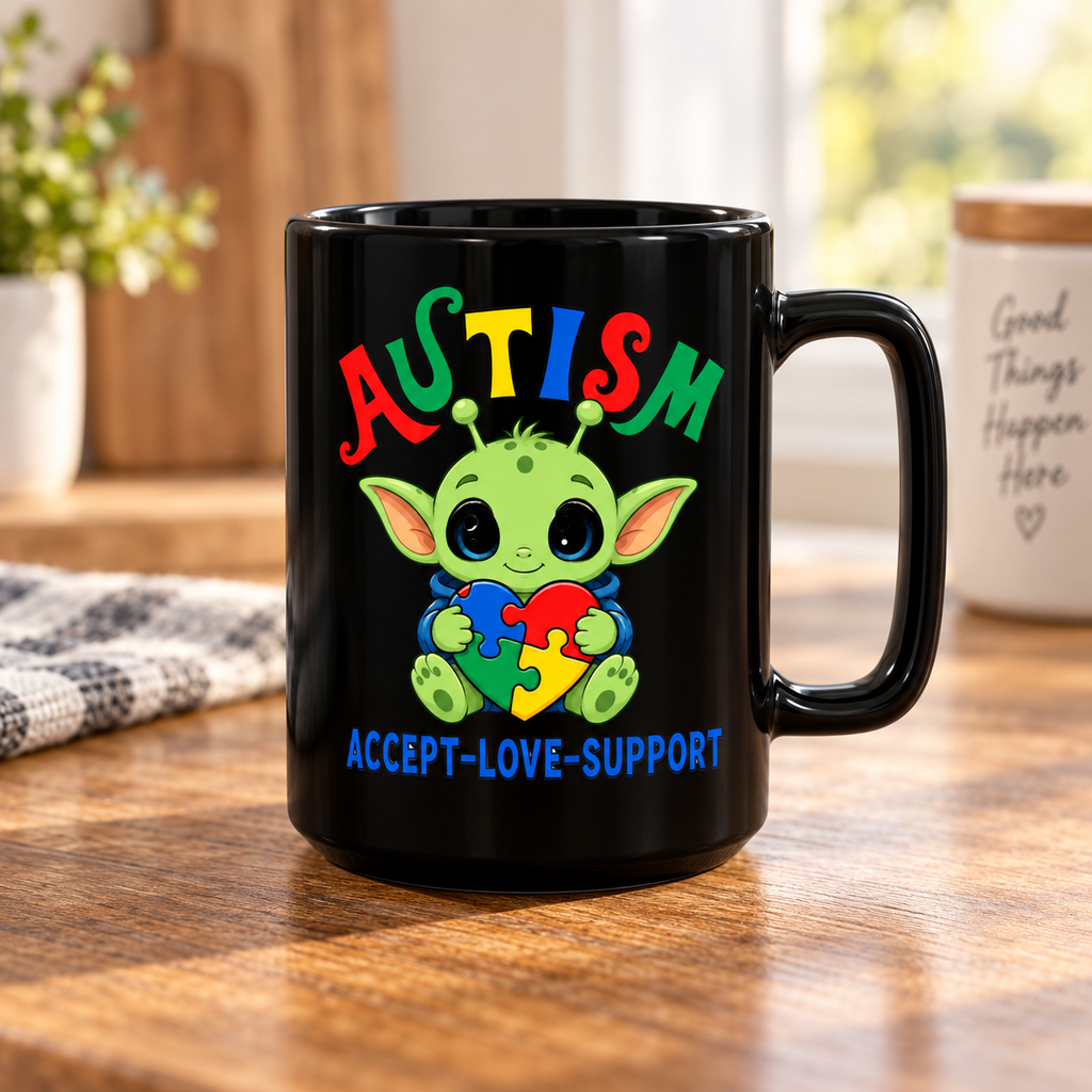 Autism Support Mug - "Accept • Love • Support" 15oz Black Coffee Cup
