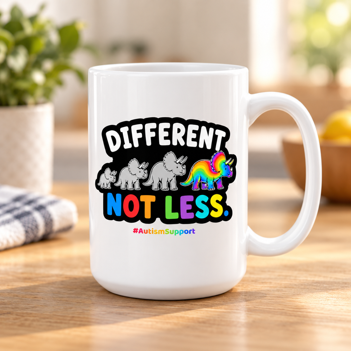 15oz Mug — "Different Not Less" Autism Support Rainbow Triceratops