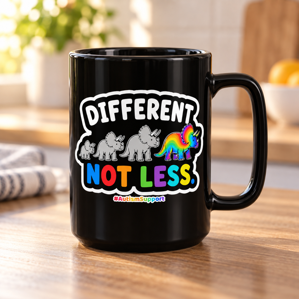 Different Not Less Rainbow Rhino Mug — Autism Support 15oz Black Coffee Cup