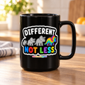 Different Not Less Rainbow Rhino Mug — Autism Support 15oz Black Coffee Cup