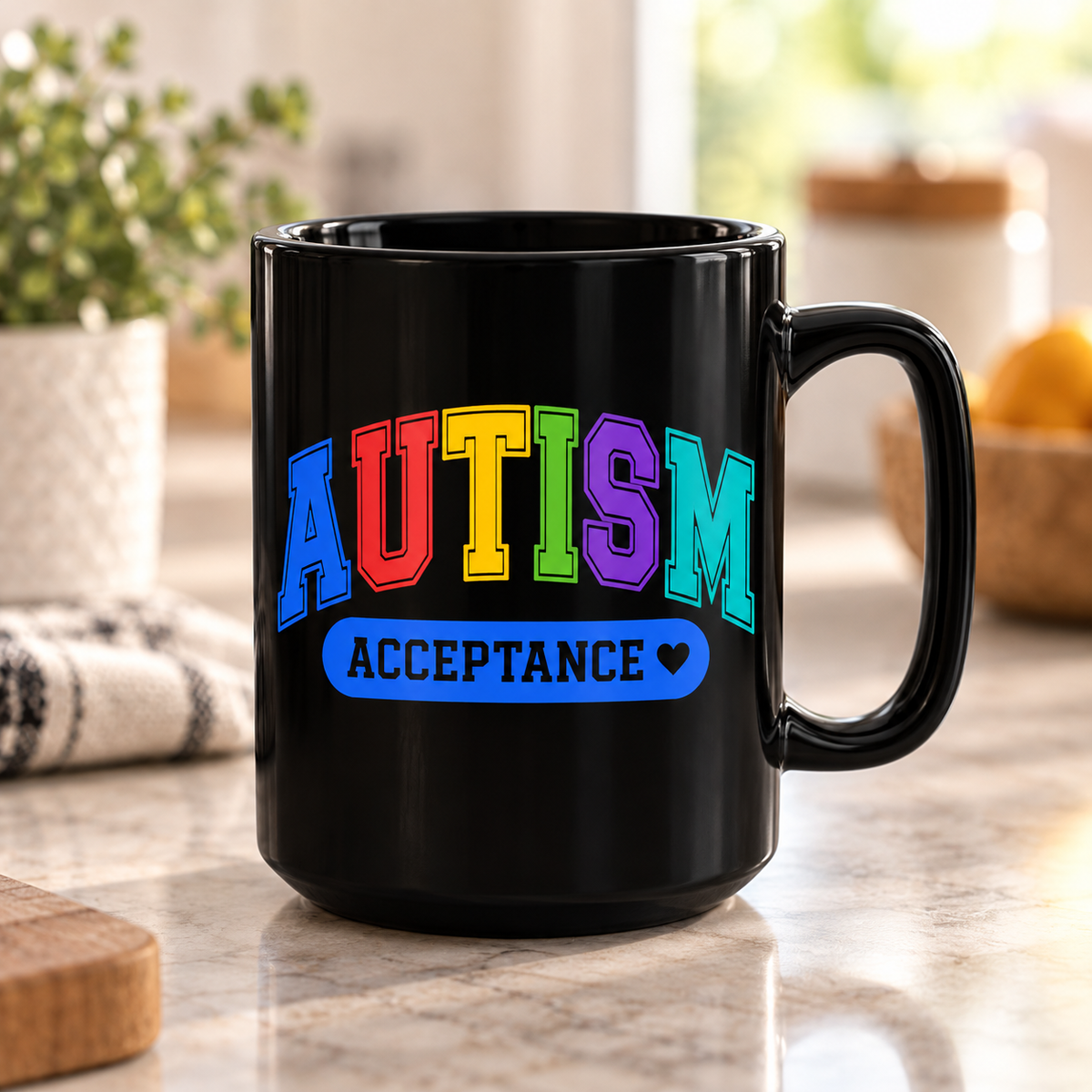 Autism Acceptance Rainbow Mug — 15oz Black Ceramic
