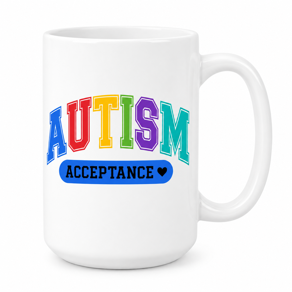 Autism Acceptance 15oz Coffee Mug – Rainbow Supportive Awareness Drinkware