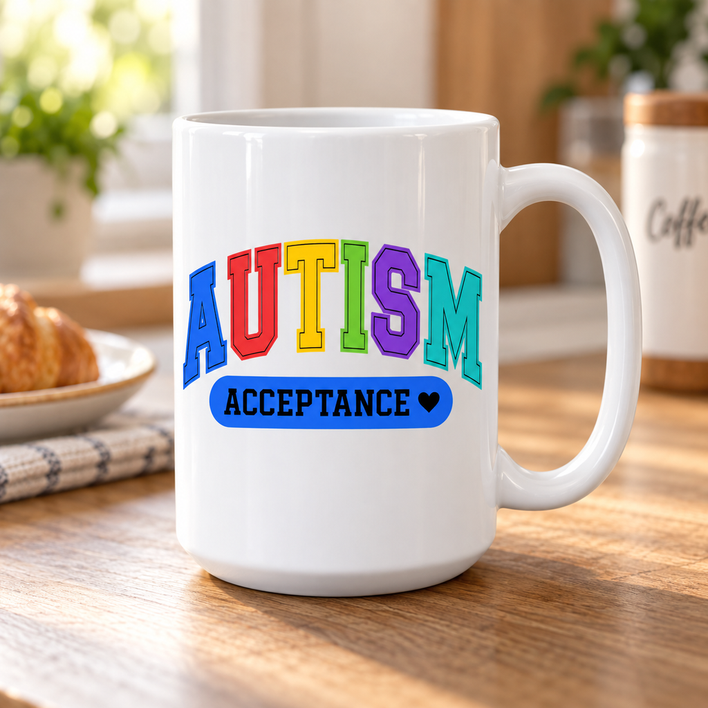 Autism Acceptance 15oz Coffee Mug – Rainbow Supportive Awareness Drinkware