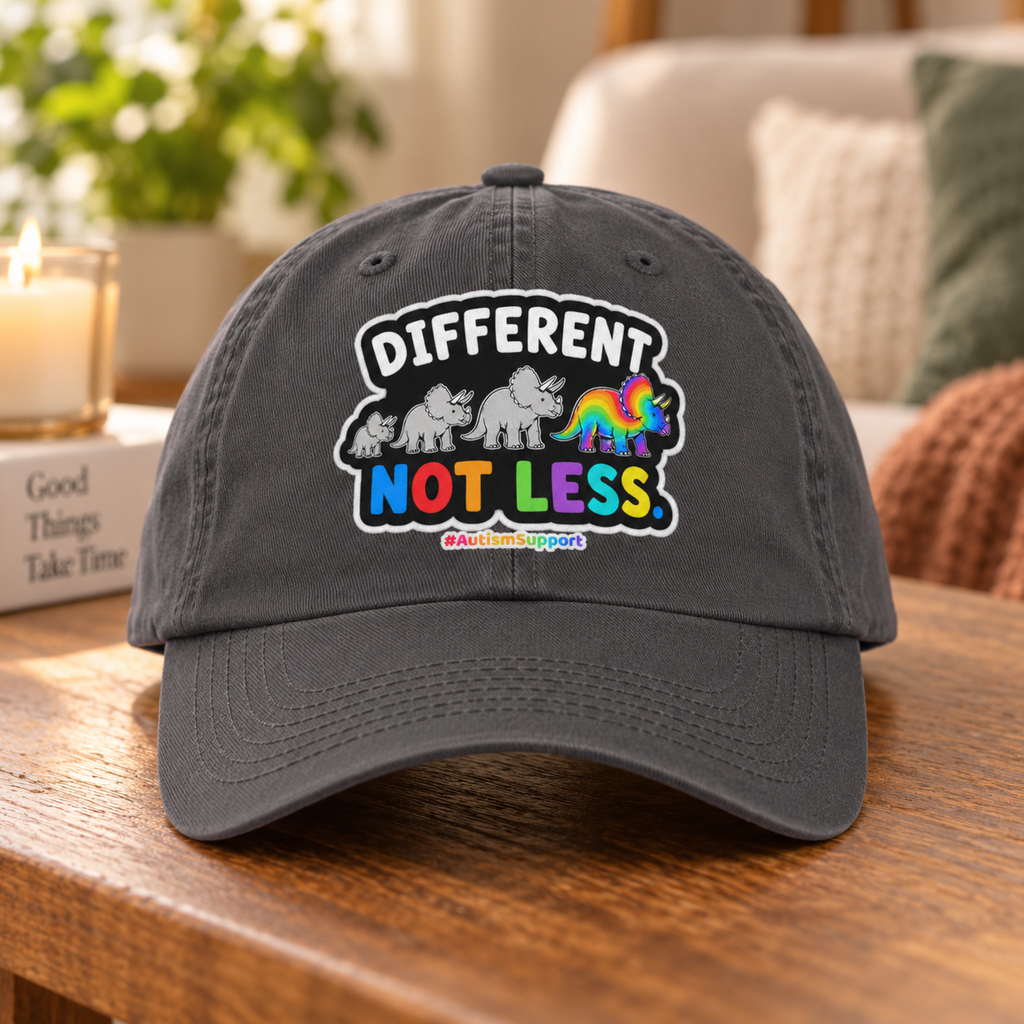 Different Not Less Autism Support Hat (Rainbow Dinosaur) — Dad Cap