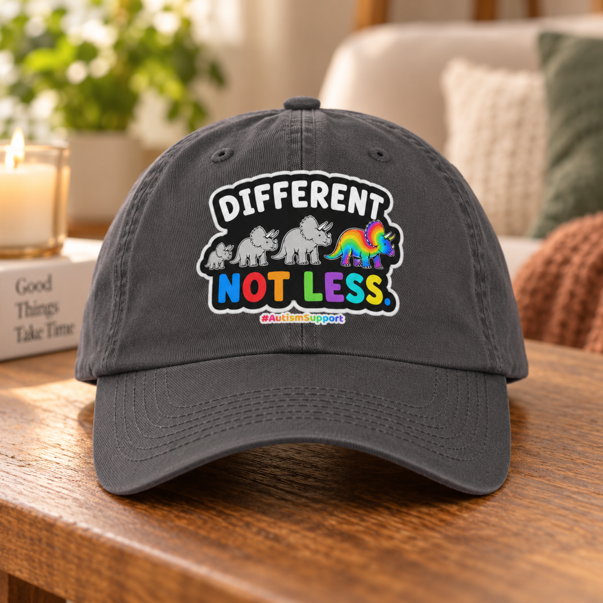 Different Not Less Autism Support Hat (Rainbow Dinosaur) — Dad Cap