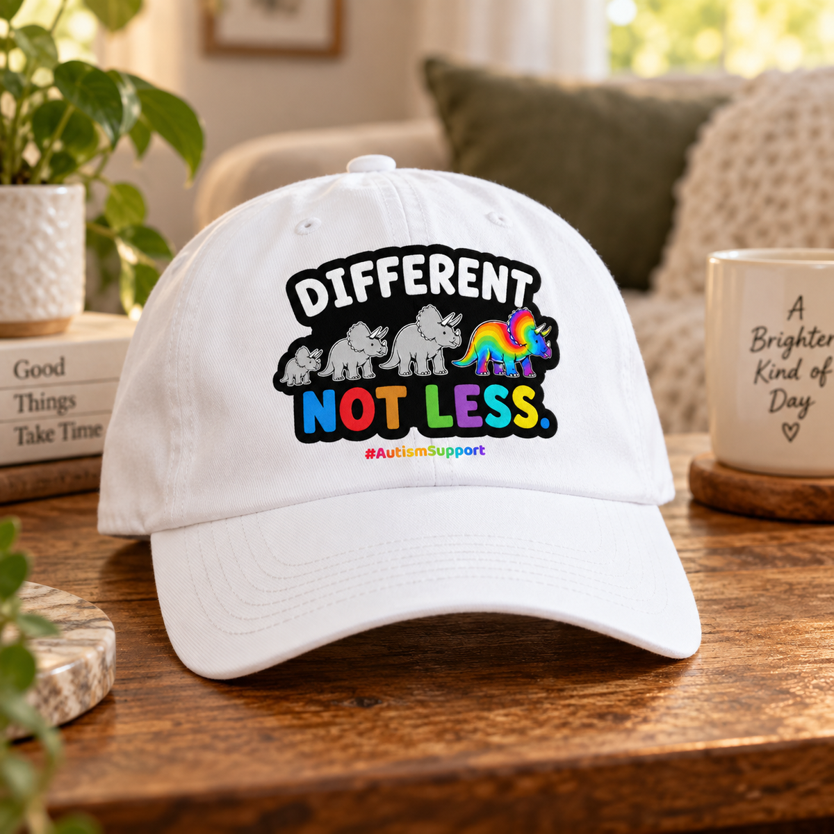 Different Not Less Autism Support Hat (Rainbow Dinosaur) — Dad Cap
