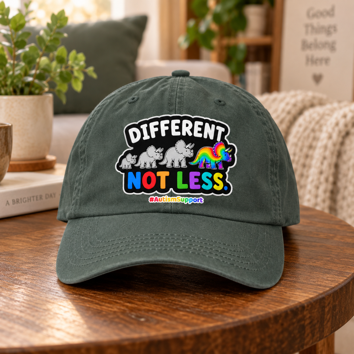 Different Not Less Autism Support Hat (Rainbow Dinosaur) — Dad Cap