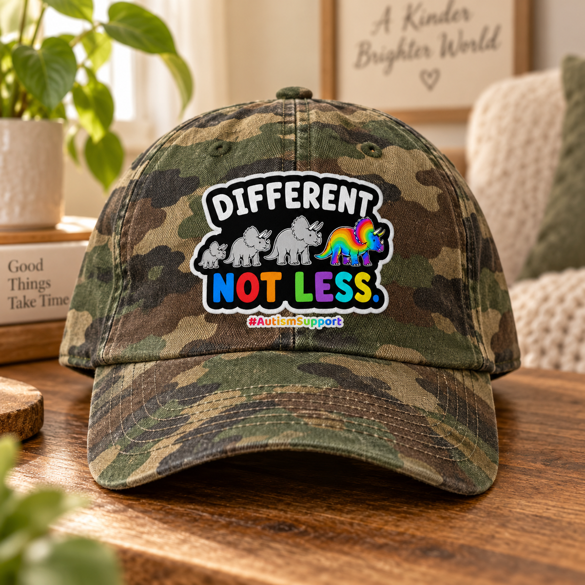 Different Not Less Autism Support Hat (Rainbow Dinosaur) — Dad Cap