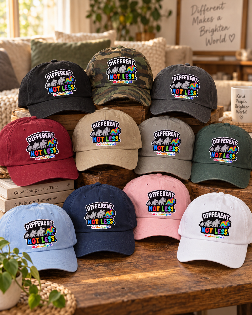 Different Not Less Autism Support Hat (Rainbow Dinosaur) — Dad Cap