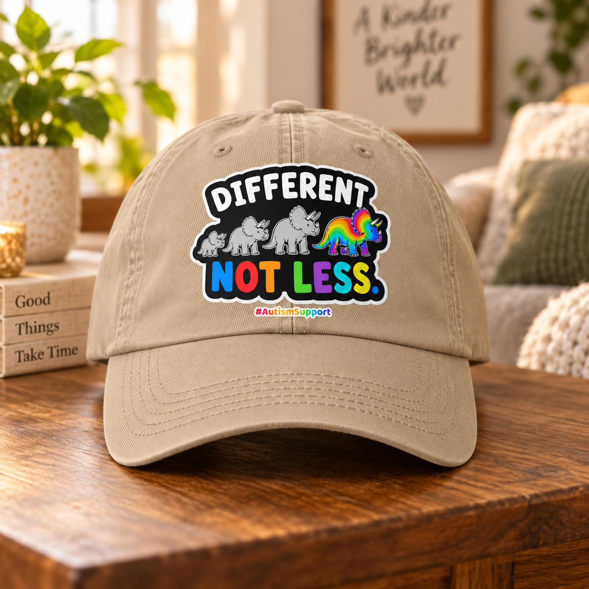 Different Not Less Autism Support Hat (Rainbow Dinosaur) — Dad Cap