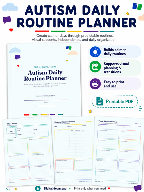 Autism Daily Routine Planner printable PDF cover and page preview by Spillman Speaks